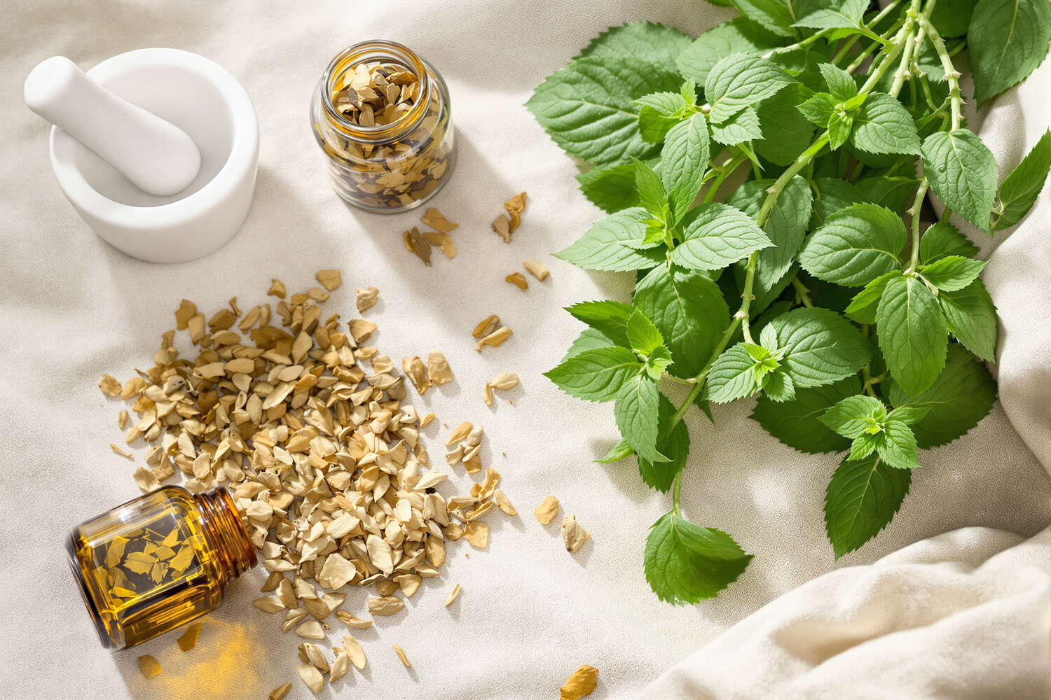 Still life of fresh lemon balm sprigs and dried leaves on natural linen with a white ceramic mortar.