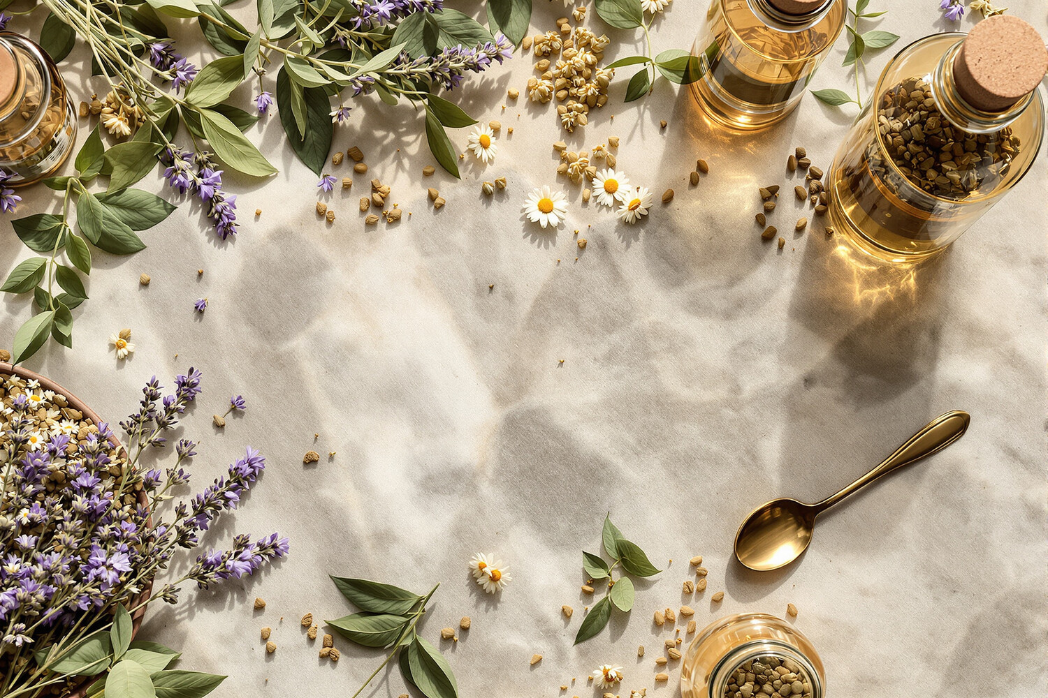 Ceramic bowl surrounded by dried herbs including lemon balm, lavender and chamomile, with amber glass jars on natural stone.