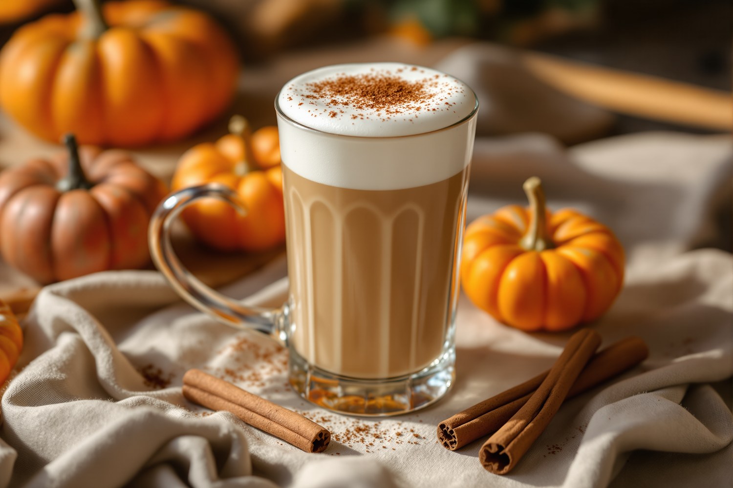 Zelfgemaakte pumpkin spice latte in een glazen mok, dik melkschuim bestrooid met kaneel, kleine pompoentjes en kaneelstokjes op ecru linnen.