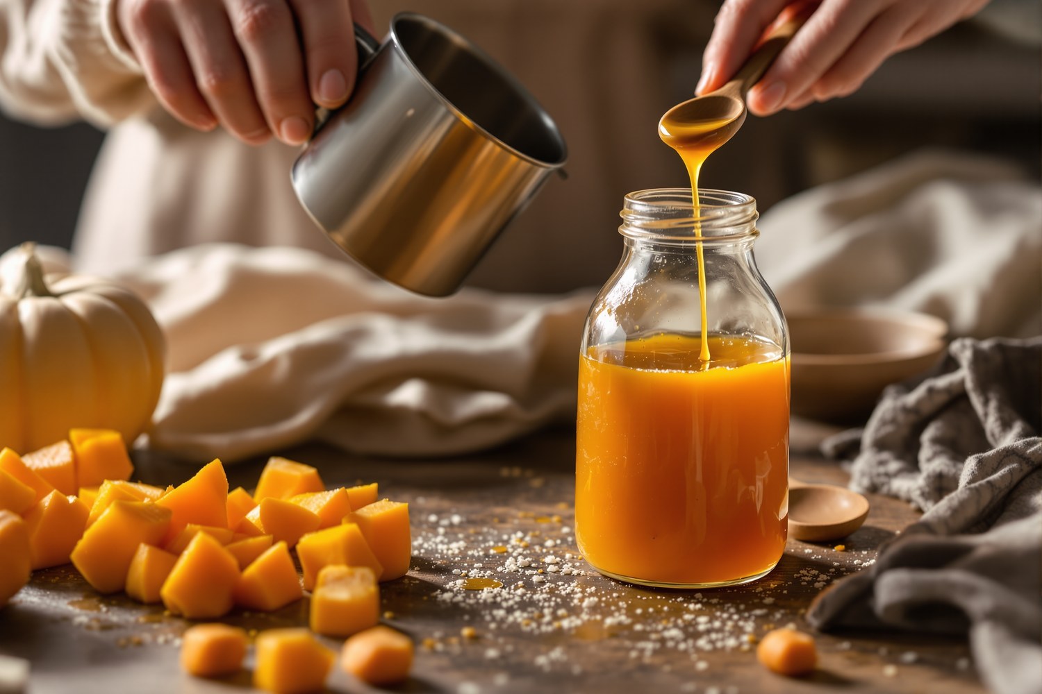 Amberkleurige pompoenstroop gegoten in een glazen fles, stukjes geroosterde butternutpompoen en een houten lepel op een rustiek werkblad.