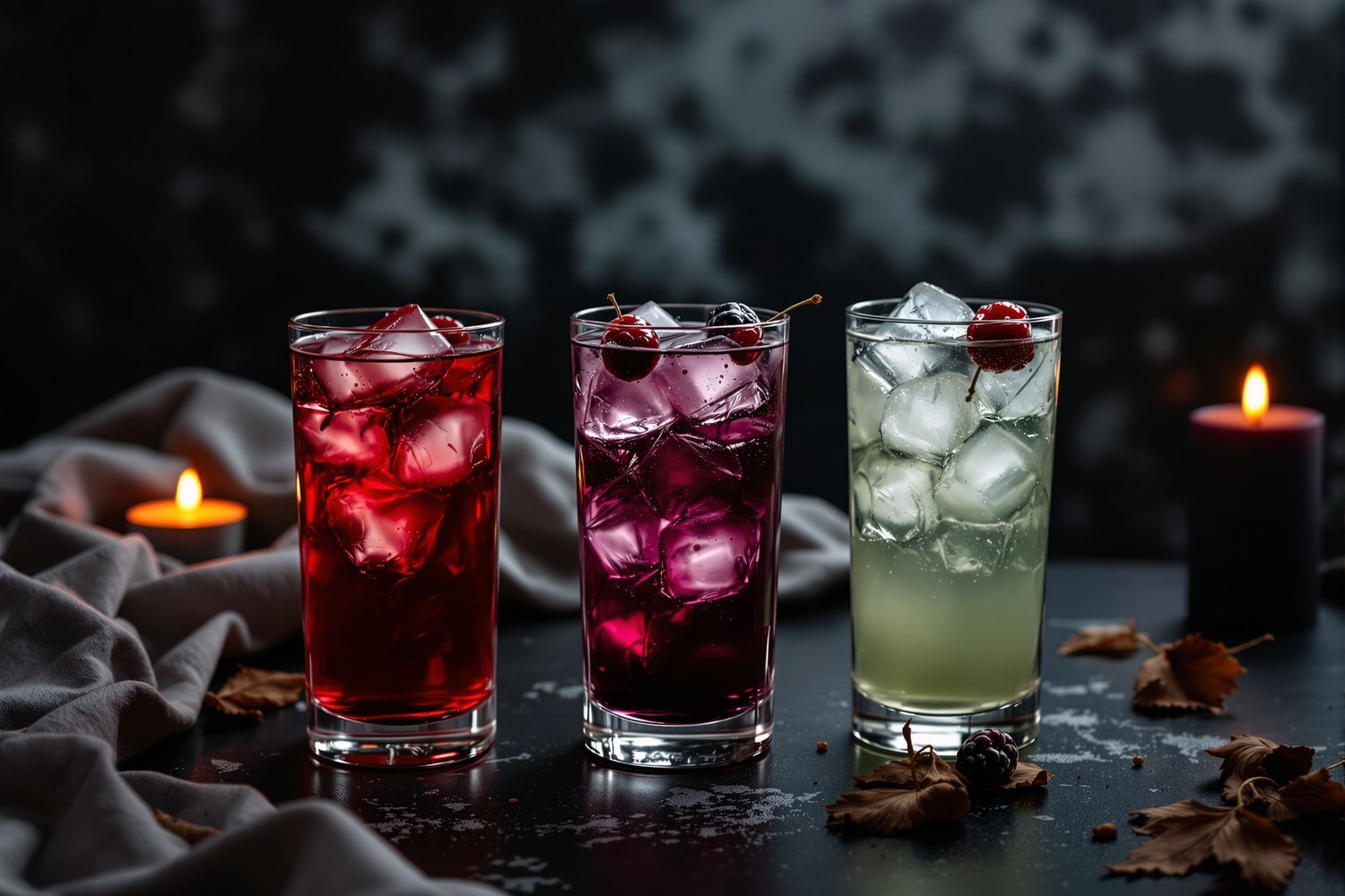 Drie Halloween-cocktails zonder alcohol op een rij, bloedrood, diep paars en lichtgroen, met ijsblokjes en bessen, kaarsen en gedroogde bladeren op een leien plank.