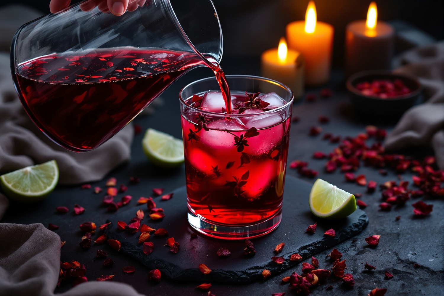 Karmozijnrode hibiscus-infusie die uit een glazen kan over ijsblokjes wordt gegoten, gedroogde hibiscusbloemen en partjes limoen op een donkere leien plank.