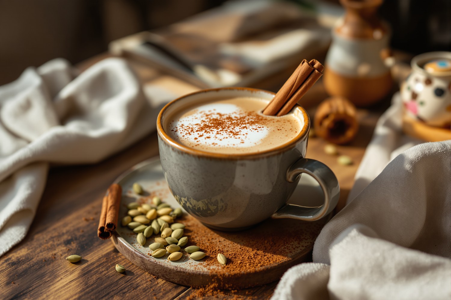 Chai latte maison dans une tasse en grès, mousse de lait saupoudrée de cannelle, bâtons de cannelle et gousses de cardamome sur une table en bois.