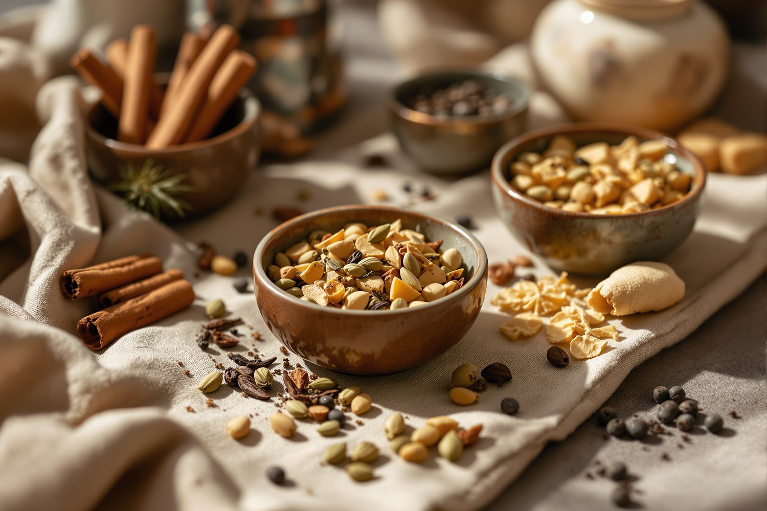 Petits bols d'épices à chai : bâtons de cannelle, gousses de cardamome verte, clous de girofle, gingembre frais tranché et grains de poivre noir.