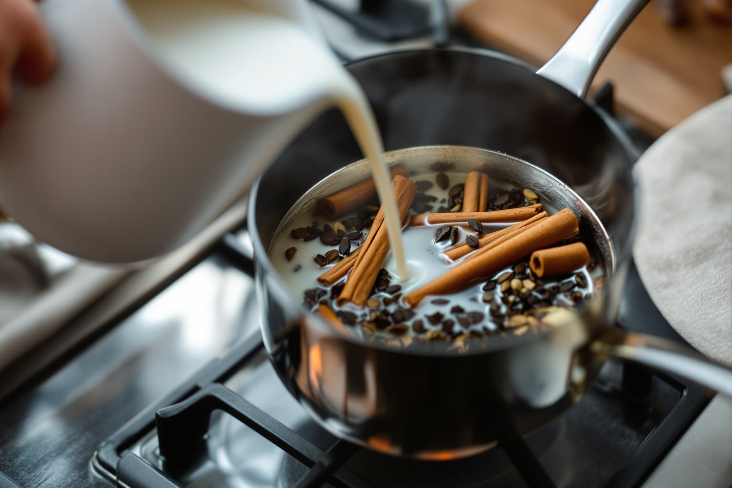 Casserole de chai frémissant avec bâtons de cannelle et feuilles de thé noir, lait versé d'un pichet, sur une cuisinière.