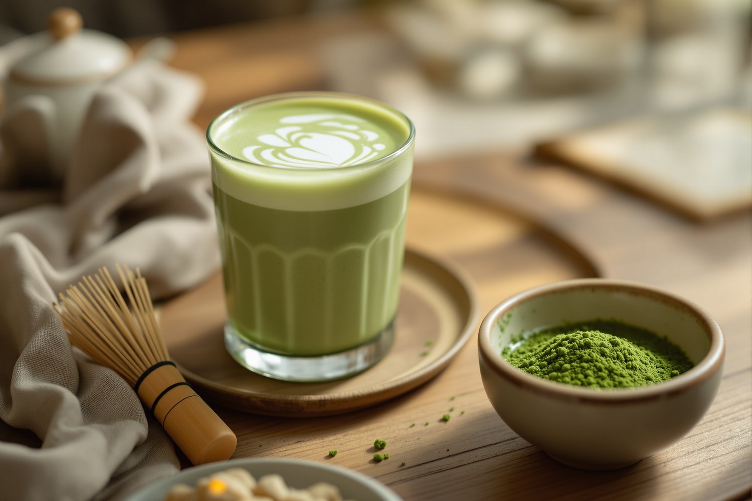 Matcha latte dans un verre, mousse de lait vert pâle, à côté d'un bol de matcha et d'un fouet en bambou chasen.