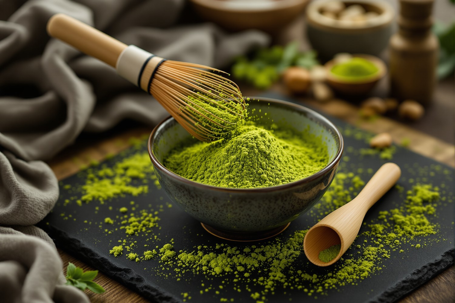 Poudre de matcha vert vif tamisée dans un bol en céramique, fouet chasen et cuillère en bambou chashaku.