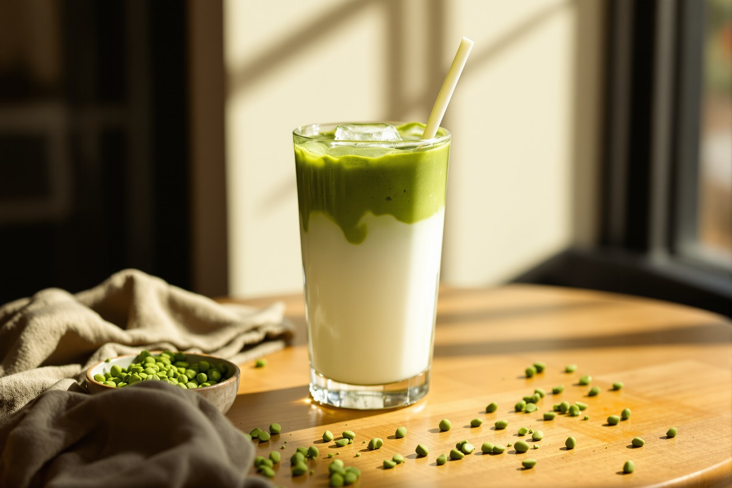 Matcha latte glacé dans un grand verre, couche de matcha vert versée sur du lait et des glaçons, paille en verre.