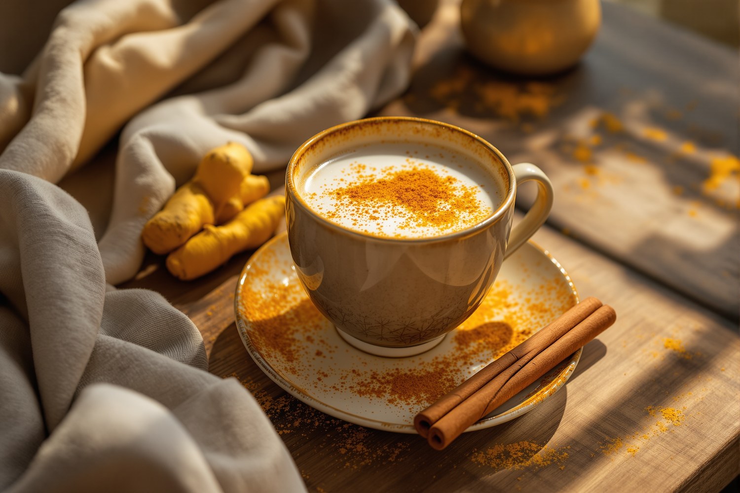 Golden latte doré dans une tasse en céramique, mousse de lait saupoudrée de curcuma, bâton de cannelle et racine de curcuma sur une table en bois.
