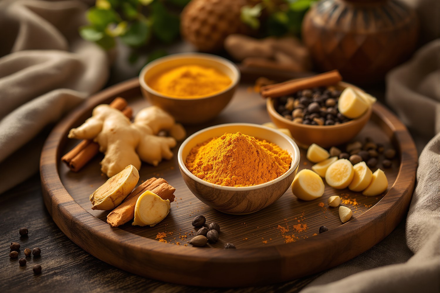 Petits bols de curcuma en poudre, gingembre frais tranché, bâtons de cannelle, grains de poivre noir et gousses de cardamome sur un plateau.
