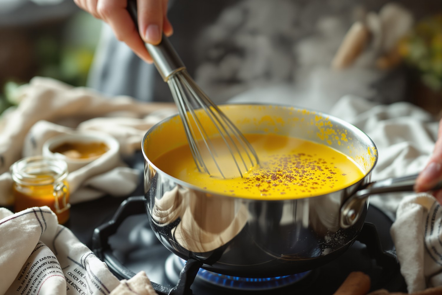 Casserole de lait doré au curcuma sur le feu, fouet à la main, bâton de cannelle et pot de miel à côté.