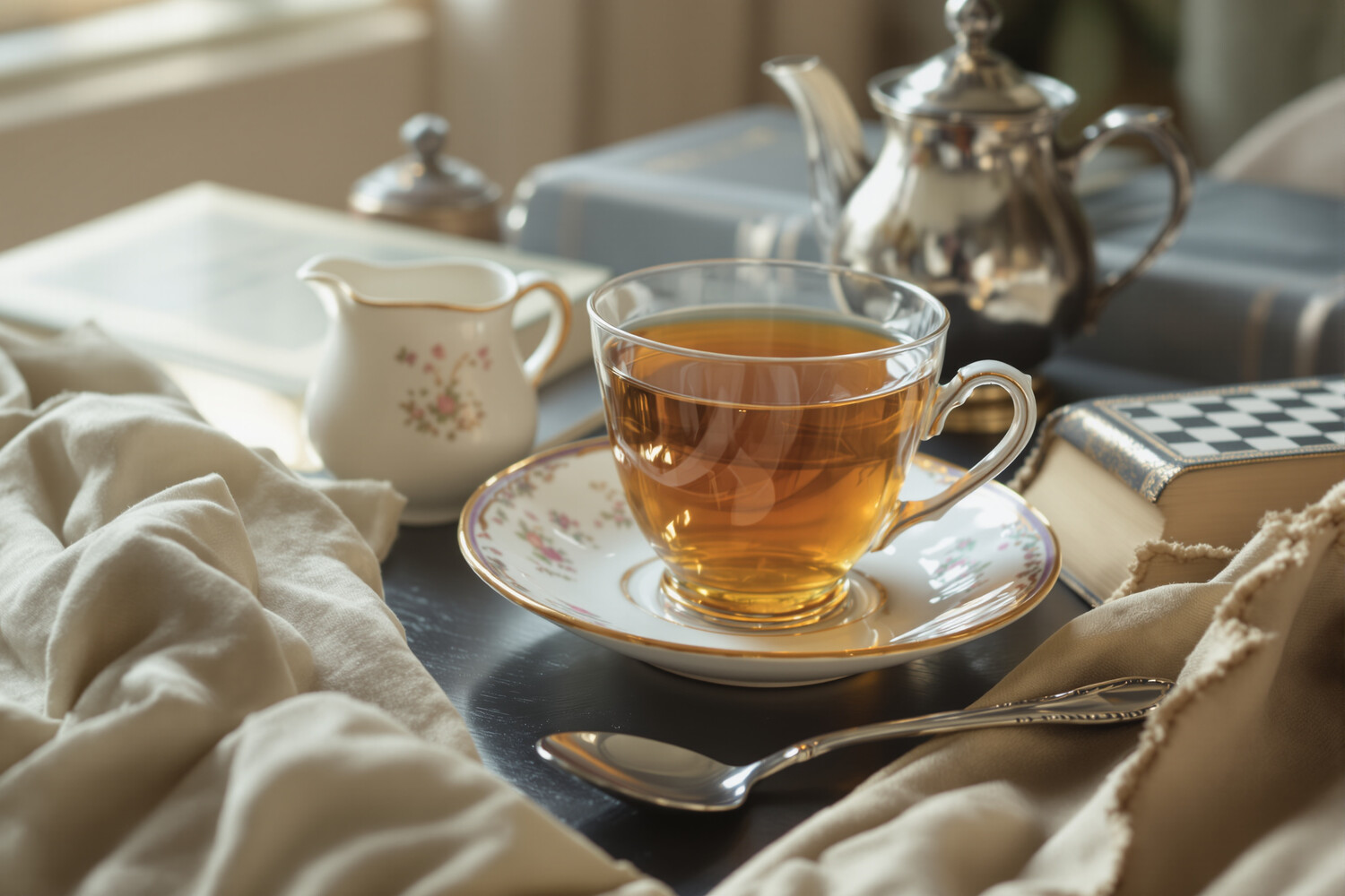 Vintage porcelain cup, teapot, book and silver spoon in an afternoon tea setting