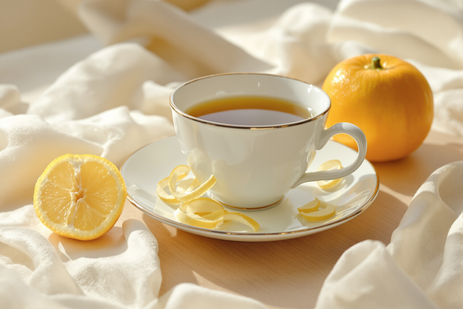 Cup of Earl Grey and fresh bergamot on a white saucer