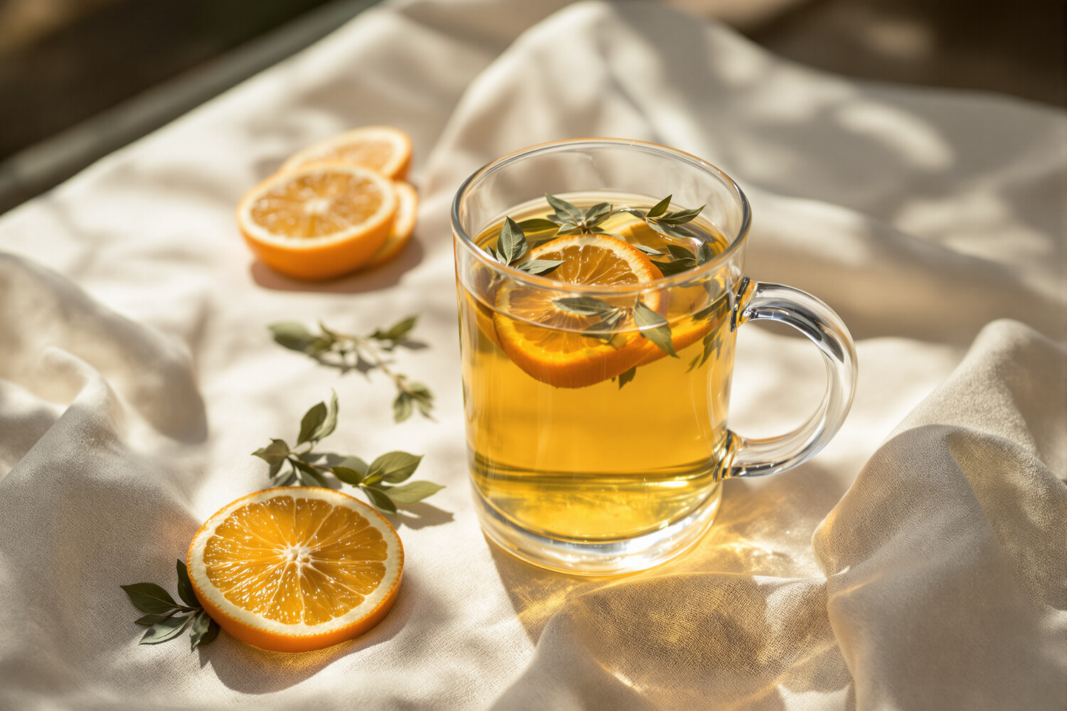 Tisana alla verbena e scorze d'arancia in una tazza di vetro