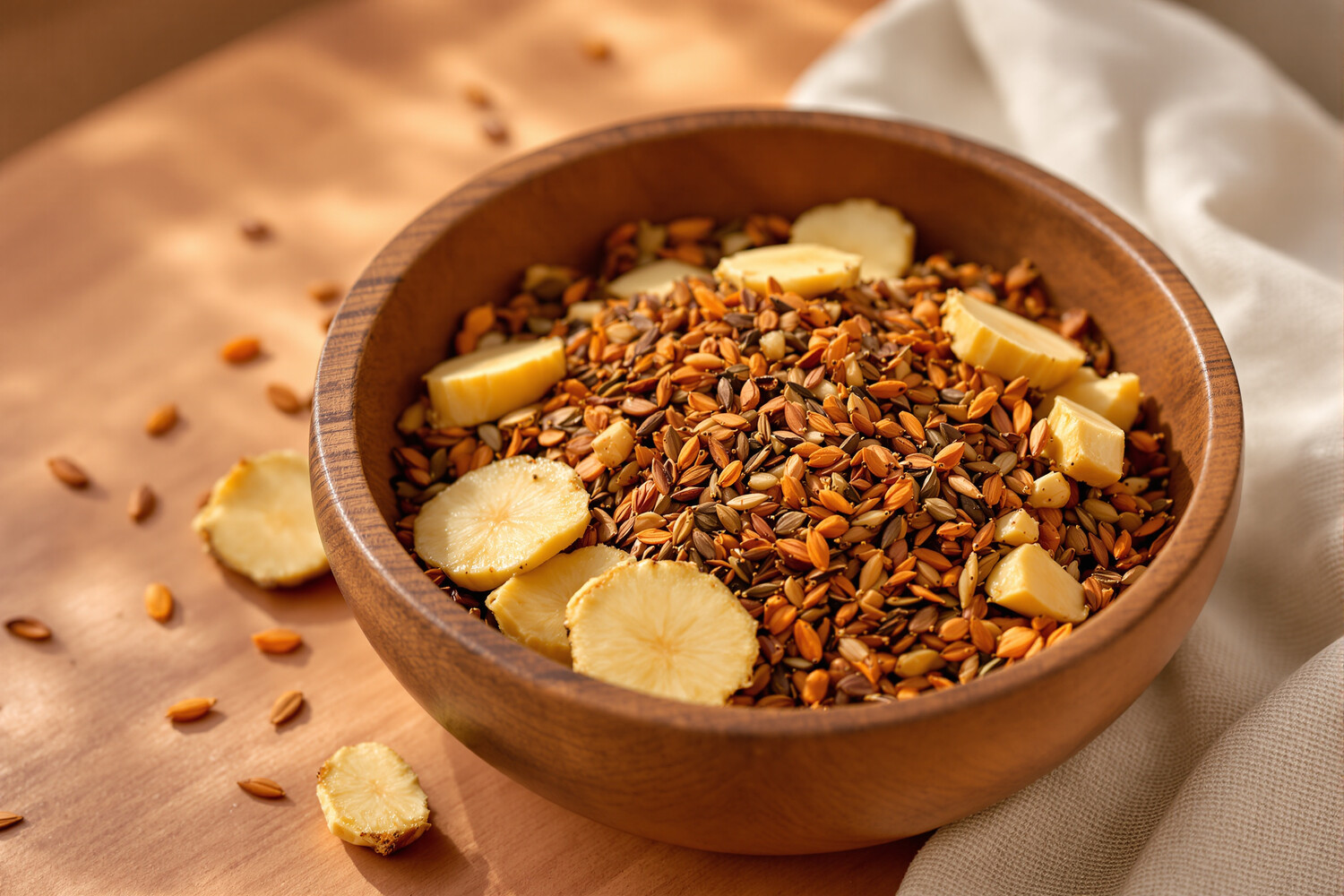 Mix di rooibos e fettine di zenzero fresco in una ciotola di legno