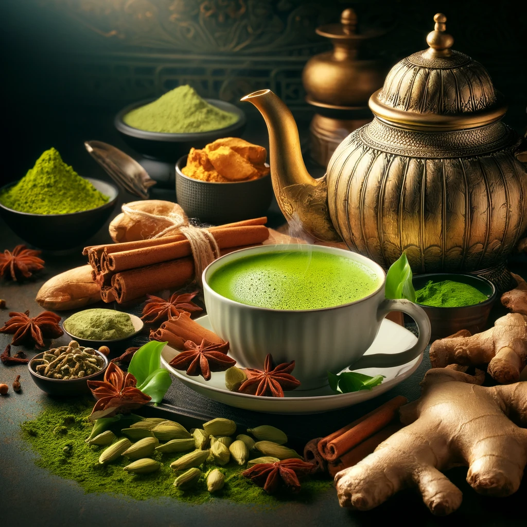 Thé Chai Matcha avec une théière élégante et une tasse fumante entourées d'ingrédients exotiques : gingembre frais, bâtons de cannelle, curcuma, gousses de cardamome, clous de girofle, anis étoilé, graines de fenouil, poudre de matcha et feuilles de thé vert Sencha, représentant l'alliance des saveurs de l'Inde et du Japon